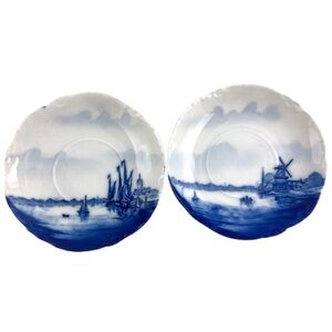 Vintage Rosenthal Bavaria Delft Blue Saucers Set of 2 Windmill Ship Scenes 5.25”